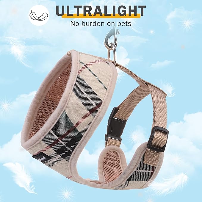 SCENEREAL No Pull Dog Harness Collar and Leash Set for Small Sized Dogs, Soft Mesh Step in Plaid Puppy Harnesses for Fall Winter, Pet Vest for Outdoor Walking Training and Running, Beige XS