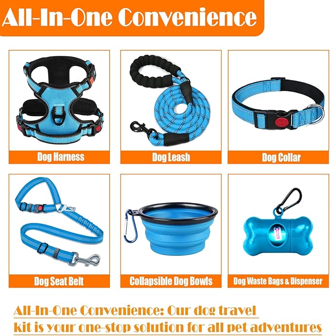 No Pull Dog Harness, Collar & Leash Set | Includes Dog Seat Belt, Collapsible Bowls & Poop Bag Dispenser. Ideal for Training, Walking, Hiking. Fits Small to Large Dogs(Blue-S)