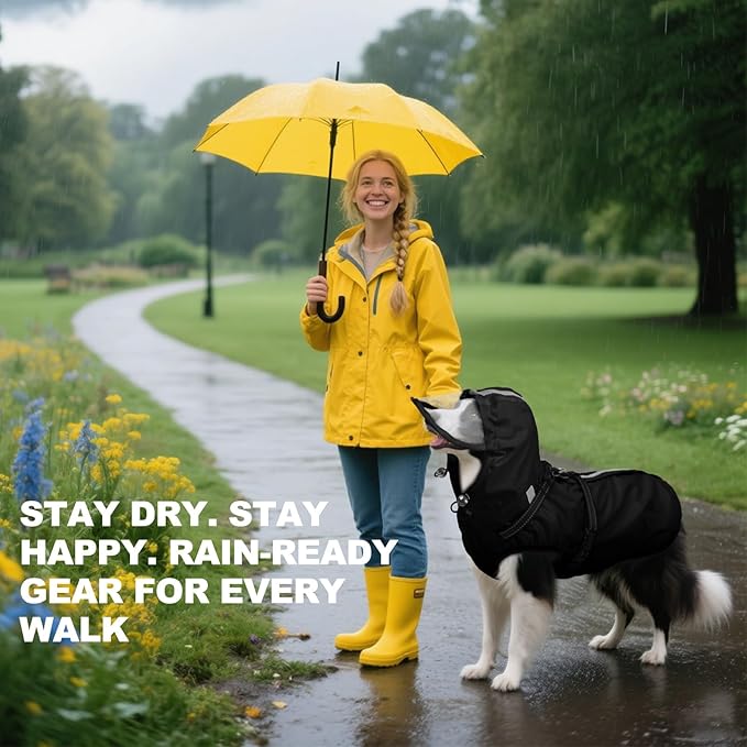 Dog Raincoat for Medium Dogs, Dog Rain Jacket with Adjustable Built-in Harness & Back Zipper, Reflective Strip, Removable Hood, for Rainy Walks, Muddy Roads or After-Bath Outings - Black M