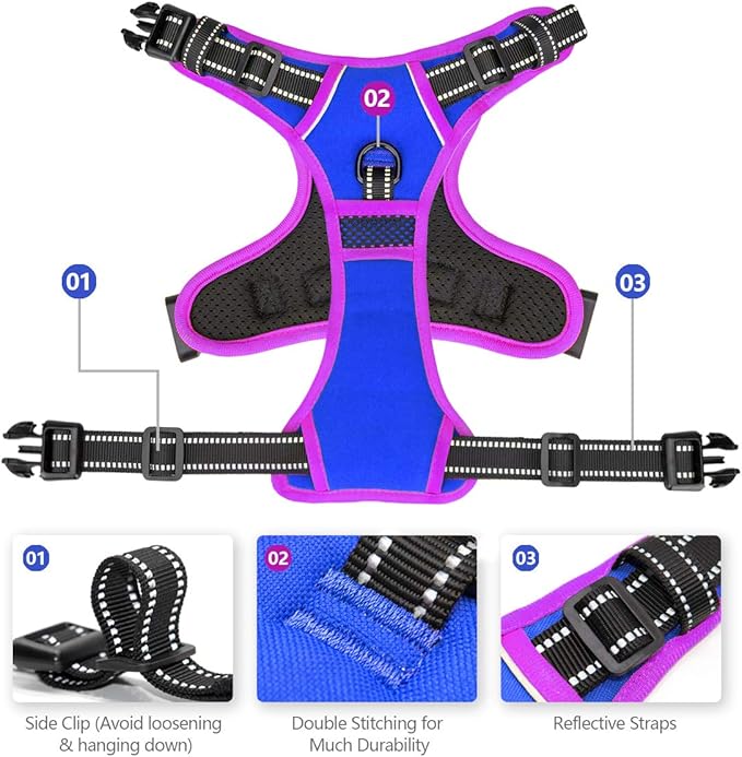 PHOEPET 2019 Upgraded No Pull Dog Harness, Reflective Adjustable Vest, with a Training Handle + 2 Metal Leash Hooks+ 3 Snap Buckles +4 Slide Buckles(XS, Royal Blue)