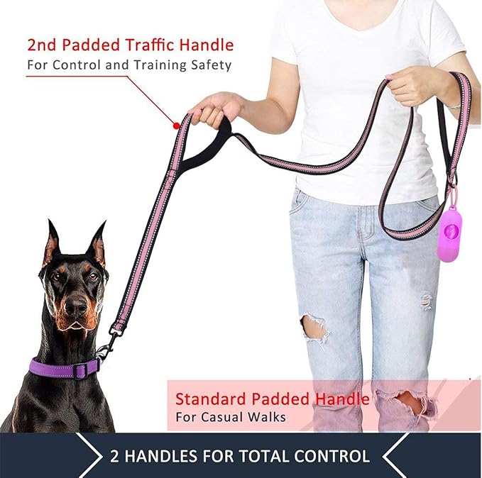 JSXD Dog Leash,5 FT Heavy Duty Double Handle Dog Leash with Comfortable Padded and Reflective,Rope Dog Leashes for Small,Medium,Large Dogs (Wide-Pink)