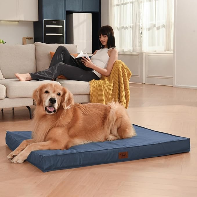 Outdoor Large Washable Dog Bed, Orthopedic Egg Crate Foam Dog Crate Mat for Large Dogs with Removable Oxford Cooling Cover, Navy