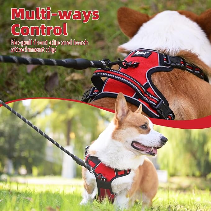 PUPTECK No Pull Dog Harness Medium Sized, Adjustable Reflective Dog Harness with Handle Easy Control, Comfortable Soft Padded Pet Vest Harness for Medium Dogs, Red M