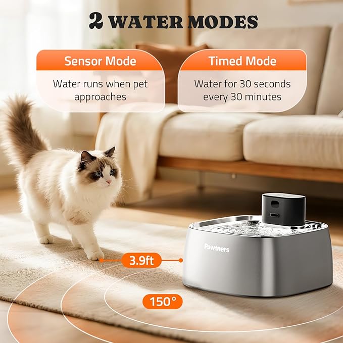 Cat Water Fountain Stainless Steel, Automatic Cordless Cats and Dogs Water Dispenser 108oz/3.2L, Battery Operated Pumpless Pet Fountain with Smart Indicator & 150° Wide-Angle Motion Sensor