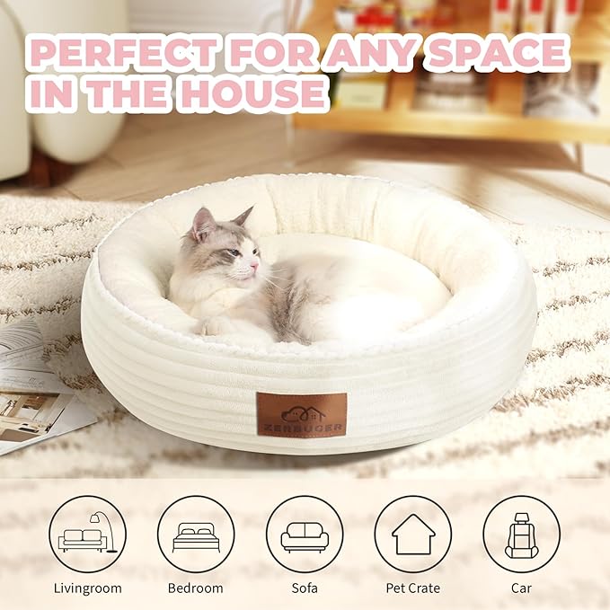 23in Cream Round Cat Dog Bed Gift for Large Medium Small Dogs Cats, Machine Washable Sleeping Sofa, Non-Slip Bottom Breathable Soft Calming Pet Cuddler for Indoor/Outdoor/Car/Cage