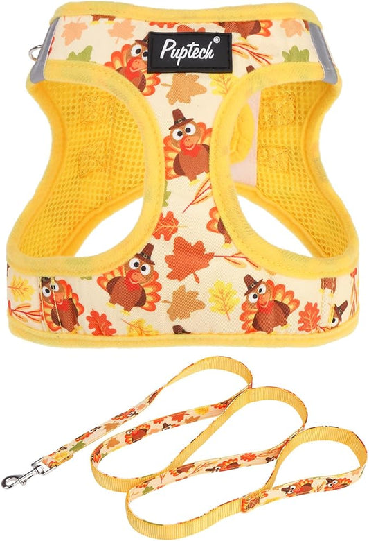 PUPTECK Dog Harness and Leash Set for Small Medium Dogs No Pull Step-in Soft Mesh Puppy Cat Vest Harnesses Reflective at Night Thanksgiving, Yellow Turkey, S
