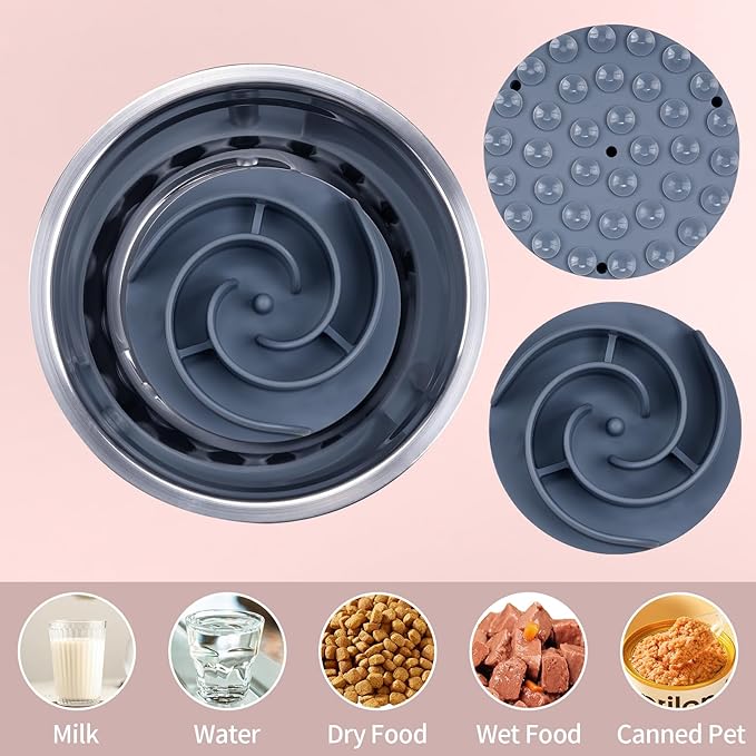 Slow Feeder Dog Bowls Insert, Bestalk Soft Silicone Slow Eating Feeder Insert with Suction Cups for Small, Medium and Large Dogs, Fit into Basic and Elevated Dog Bowls, Grey