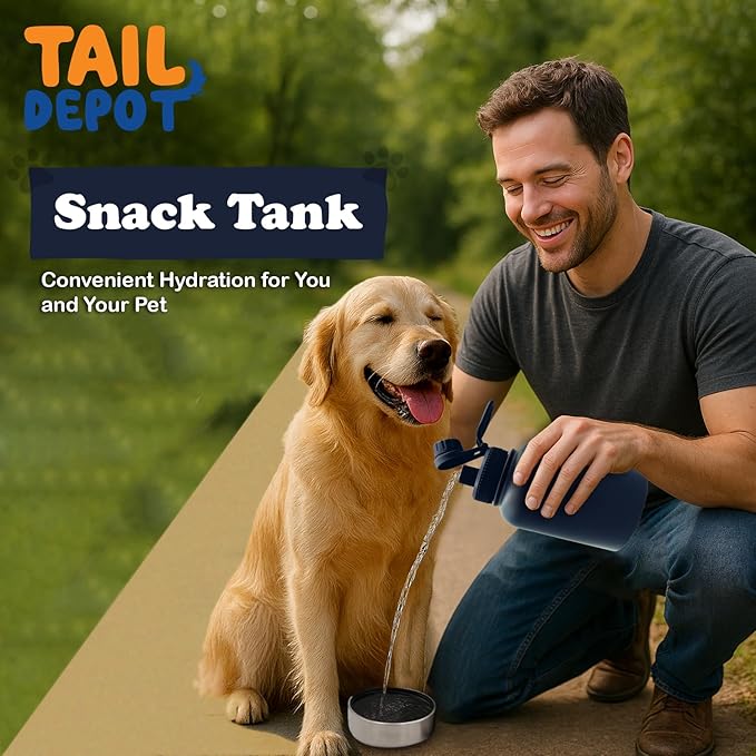 Tail Depot Snack Tank Dog Water Bottle Portable, Pet Water Bottles for Puppy with Food Container, Leak Proof Pet Dispenser for Cats, Small Animals, Dog Gift Accessories Walking, Hiking (1 Liter)