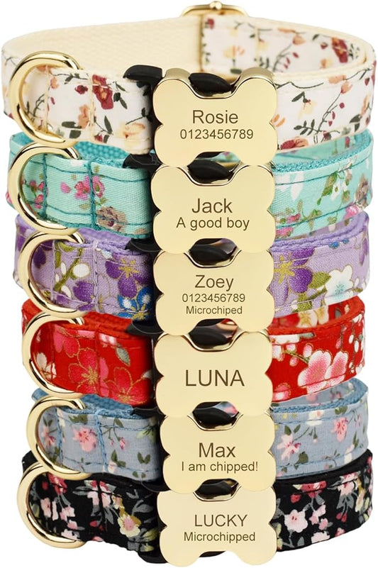 Personalized Dog Collar with Bone Buckle – Custom Name & Phone Number Engraved, Adjustable Quick Release for Small to Large Dogs (Floral)