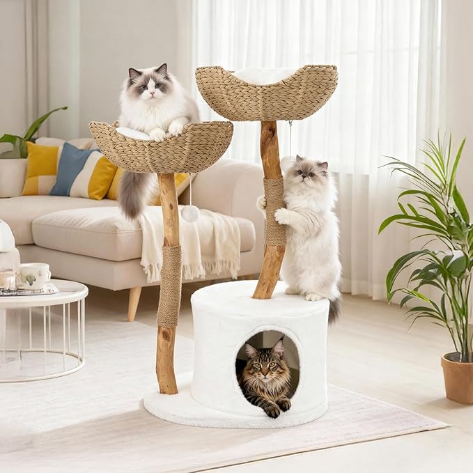 Modern Cat Climbing Tower Solid Wood Cat Tree for Indoor Cat Large Adult Tall Condo Tower with Scratching Post Bed and Stand