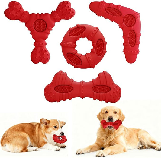 Dog Chew Toys for Aggressive Chewers, 4 Pack Natural Rubber Dog Toys,Teething Toys for Puppies, Soft Durable Interactive Chew Toy for Puppy Teeth Cleaning and Gum Massage (Red)
