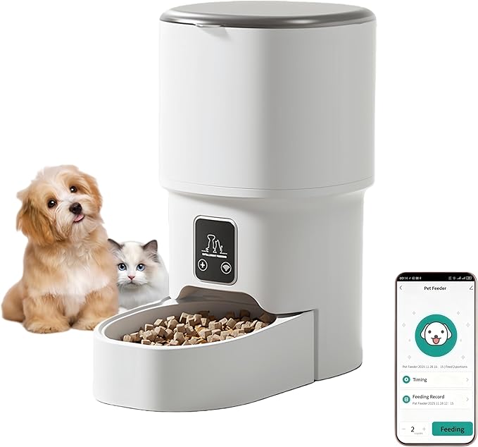 Automatic Cat Feeders - Timed Pet Feeder for Cats and Dogs with Dry Food Dispenser, APP Control Smart, 4L Grain Storage Bucket, Dual Power Supply, Programmable Portion Control (White)
