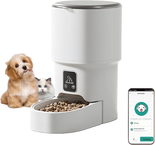 Automatic Cat Feeders - Timed Pet Feeder for Cats and Dogs with Dry Food Dispenser, APP Control Smart, 4L Grain Storage Bucket, Dual Power Supply, Programmable Portion Control (White)