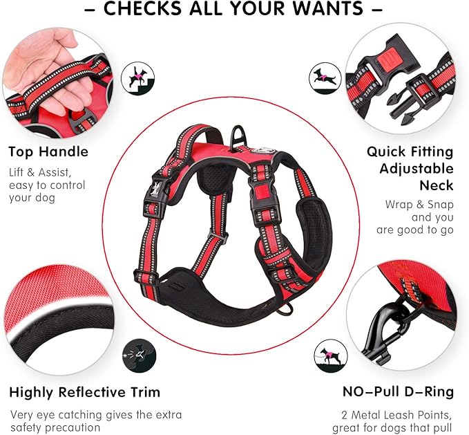 PoyPet No Pull Dog Harness, [Release on Neck] Reflective Adjustable No Choke Pet Vest with Front & Back 2 Leash Attachments, Soft Control Training Handle for Small Medium Large Dogs(Red,XL)