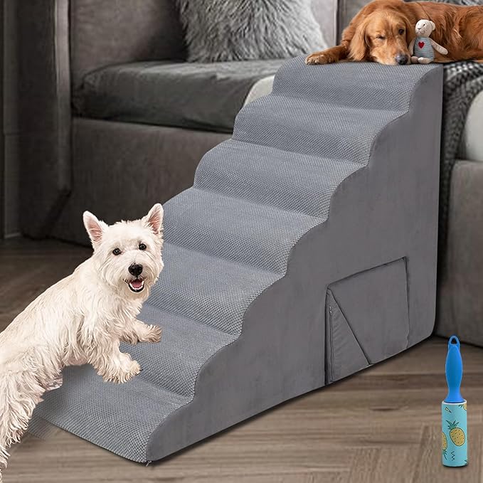 Dog Stairs for High Beds, A.FATI 34inch 7-Step Foam Pet Stairs with Washable Cover, Non-Slip Dog Stairs for Small Old Medium Large Dogs Cats, 33D Foam Balanced -Tier Ladder for Old Dogs/Cats