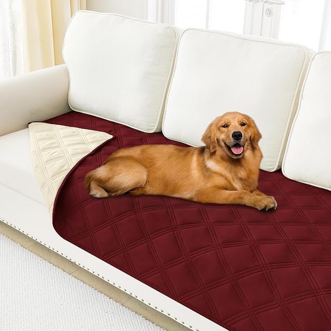 Smiry Waterproof Dog Bed Cover Blanket 40x70, Soft Reversible Pet Blanket, Washable Leakproof Cats Dogs Couch Cover for Sofa, Couch, Furniture, Lattice, Wine Red/Beige