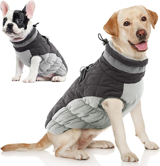 AOFITEE Dog Coat, Warm Dog Winter Coat, Reflective Turtleneck Large Dogs Jacket with Harness Built in, Turtleneck Pet Winter Jacket, Waterproof Pet Snow Jackets Fleece Vest, Grey XL