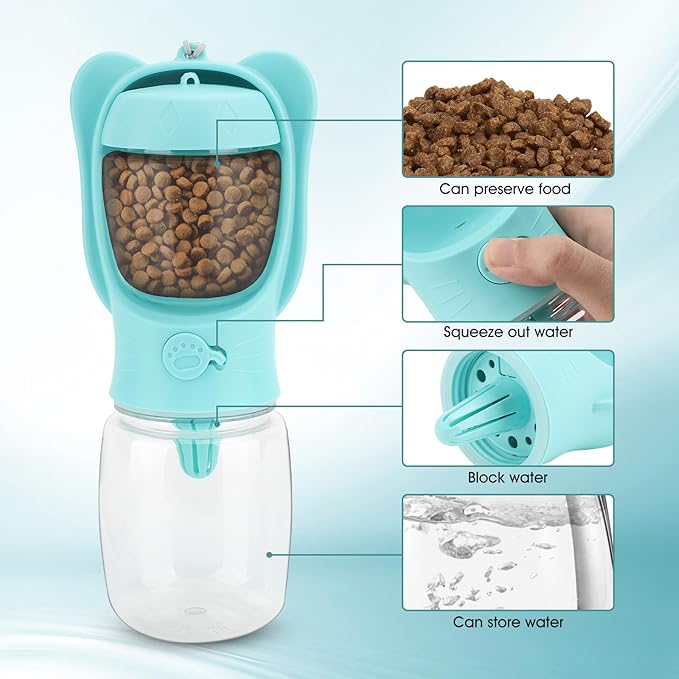 Portable Dogs Water Bottle with Food Storage Container, Leakproof Drinking Water Dispenser Feeder for Outdoor Dog Stuff Accessories Items for Cats, Puppy,for Walking, Hiking (Blue, 350ml)