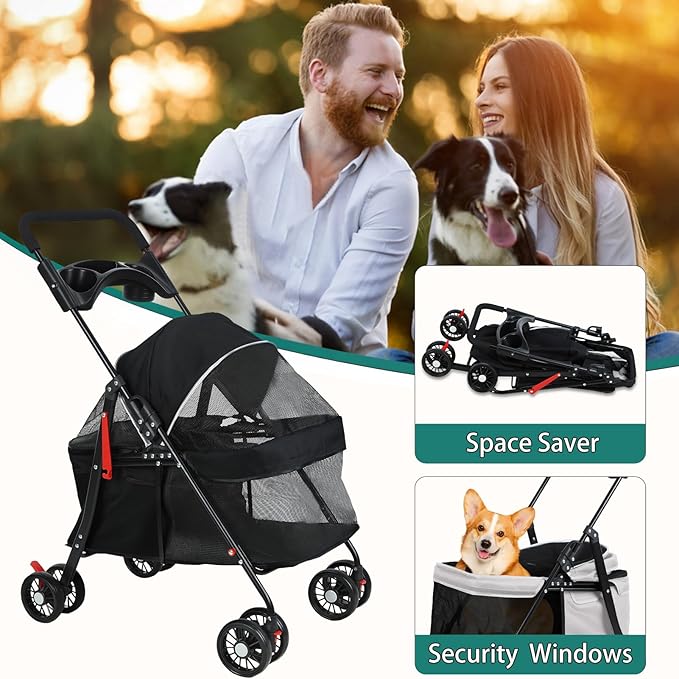 Pet Strollers,4 Wheels Outdoor Travel Pet Folding Stroller, Outdoor Travel Folding Stroller, Dog Cat Cage Carrier with Cup Holder, Breathable and Visible Mesh for Medium Small Dog