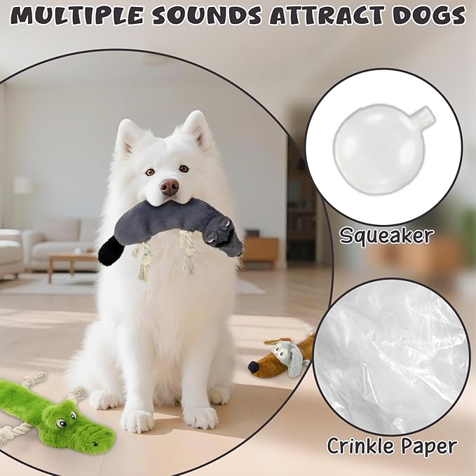 Squeaky No Stuffing Dog Toys, 3 Pack Rope Toys for Teething, Crinkle Plush Toys to Keep Them Busy, Durable Interative Dog Toys for Small Medium Large Breed.(Crocodile, Dog, Paguma Larvata)