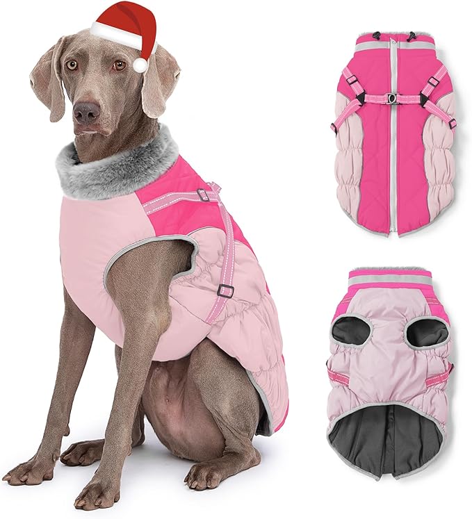 Dog Winter Coat with Harness, Dog Jacket, Pet Clothes with Zipper on Back, Waterproof Windproof Warm Vest, Reflective Cold Weather Coats, for Small Medium Large Dogs, Thick, Pink, 2XL