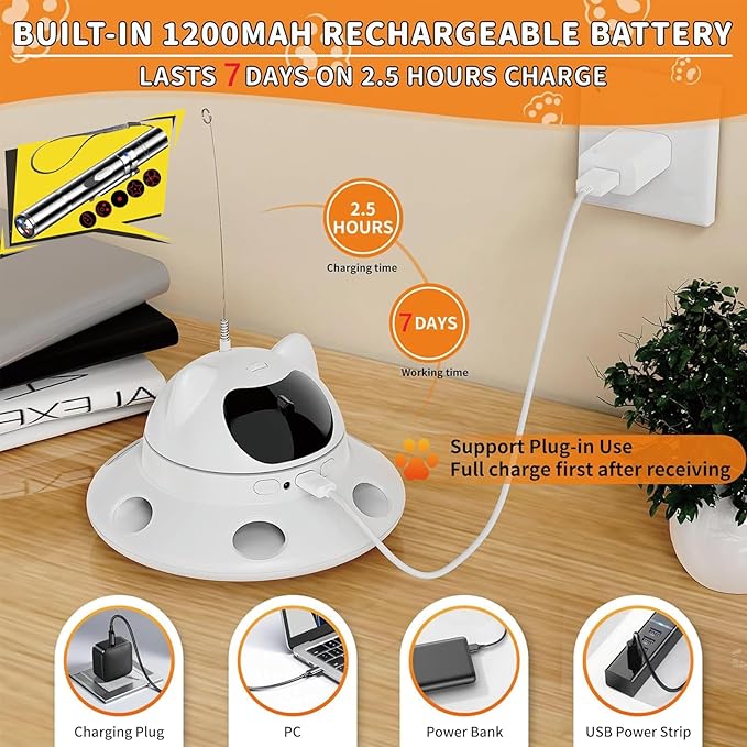 3-in-1 Cat Laser Toy & Interactive Automatic Motion-Activated Kitten Toy – 6 Holes Whack-A-Mole Feather & Moving Ambush Fun – USB Rechargeable, Apply To – Indoor Exercise for Cats of All Breeds