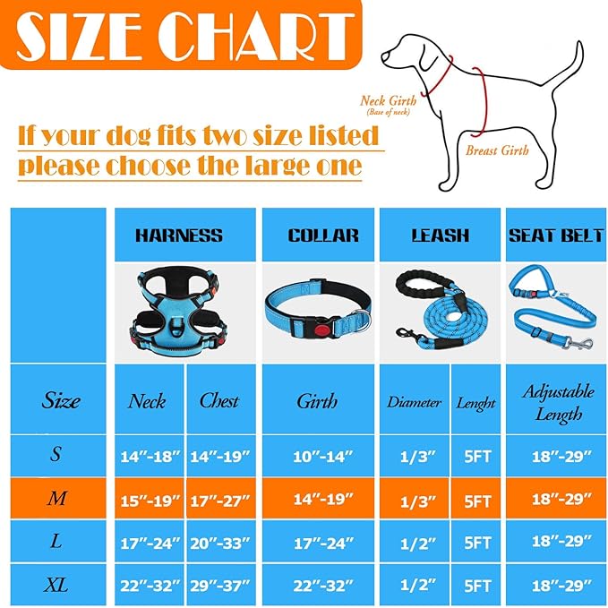 No Pull Dog Harness, Collar & Leash Set with Retractable Dog Seat Belt, Collapsible Dog Bowls and Poop Bag Dispenser - Ideal for Training, Walking, Hiking - Fits Small to Large Dogs(Blue-M)