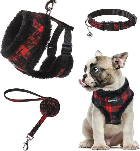 SCENEREAL Small Dog Harness Collar and Leash Set, Warm Fleece No Pull Puppy Vest Harness, Christmas Dog Outfit No Chock Adjustable Step in Pet Halter for Outdoor Walking Training, Red Plaid M