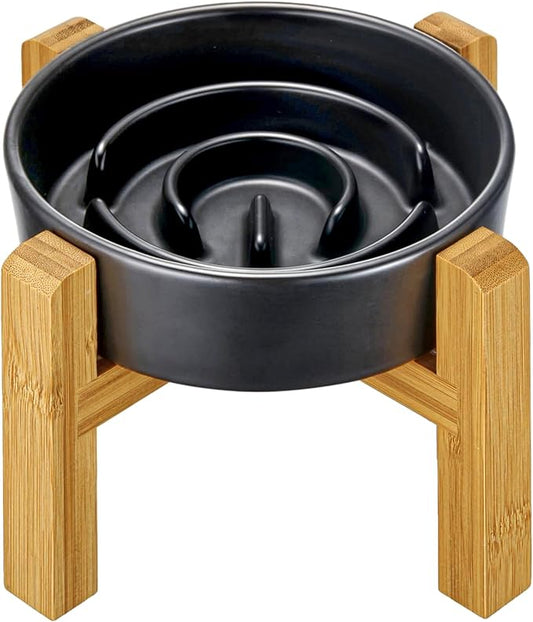 Ceramic Slow Feeder Dog Bowls Elevated, 0.6 Cup Slow Feeder for Small Dogs and Cats, Puzzle Maze Bowl, Prevents Choking, 6in, Black