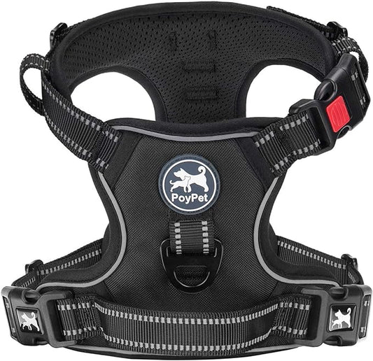 PoyPet Dog Harness No Pull, Reflective Vest Harness with Front & Back 2 Clips and Easy Control Handle for Small Medium Large Dog (XS, Black)