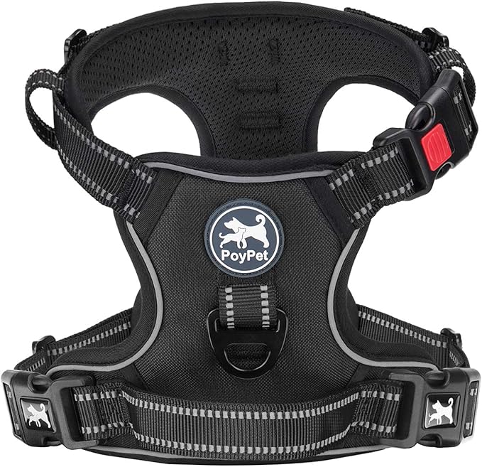 PoyPet Dog Harness No Pull, Reflective Vest Harness with Front & Back 2 Clips and Easy Control Handle for Small Medium Large Breed Dog (Large, Black)