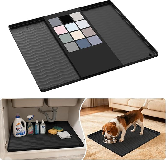 URMONA Waterproof Silicone Under Sink Mat 22'' x 19'' Shelf Liner for Kitchen and Bathroom, Cabinet and Counter Protector, Storage and Organizers, Litter Mat, Pet Cat Puppy Essentials(Black)