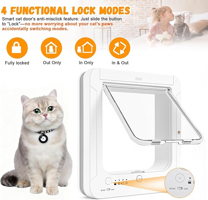 Smart Cat Door for Interior & Exterior, RFID Cat Pet Door with 3 Collar Sensor Keys & 1 Remote Control & 4 Way Locking Cat Flap with Collar Sensors Activated Opening CatDoor (White)