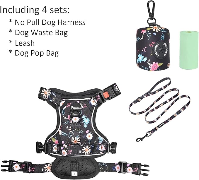 Petmolico No Pull Dog Harness Set with Leash Attachment Easy Control Handle Reflective Harness Vest Small Breed, Puppy Vest and Leash Set with Poop Bag Holder, Small - Floral