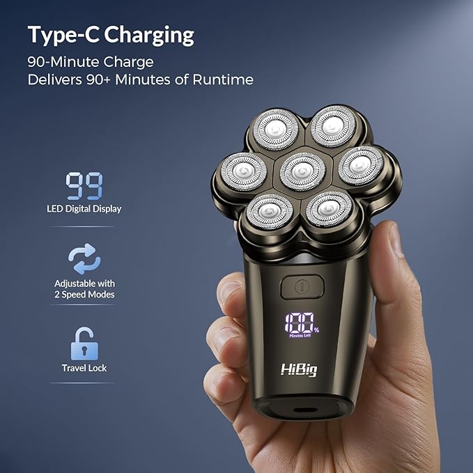 7D Arc Electric Shaver for Head & Body, 5-in-1 Electric Razor, Waterproof Wet/Dry Head Shaver with Magnetic Detachable Head, LED Display Rechargeable Electric Shaving & Grooming Kit, Dark Gray