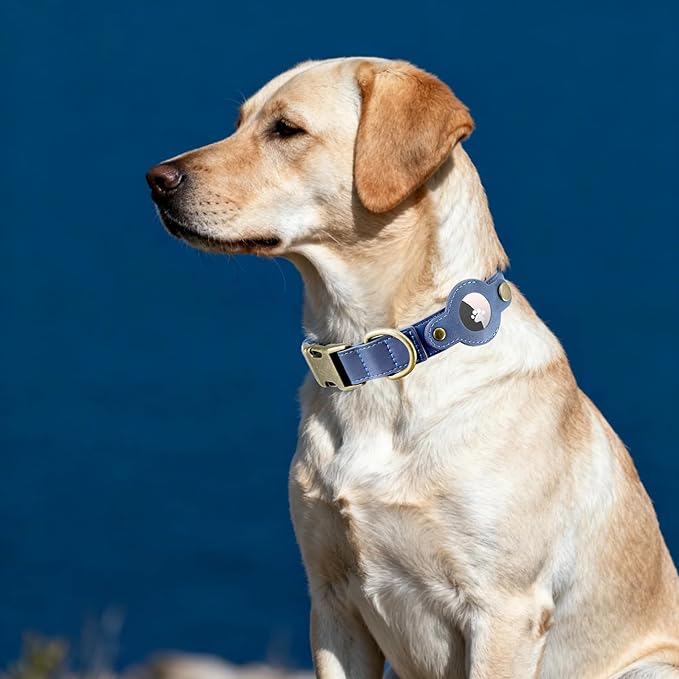 AirTag Dog Collar for Large Dogs - Soft Leather Dog Collar with Apple AirTag Holder and Metal Buckle - Smart Tracker GPS Apple Air Tag Pet Collars (Navy Blue, L)