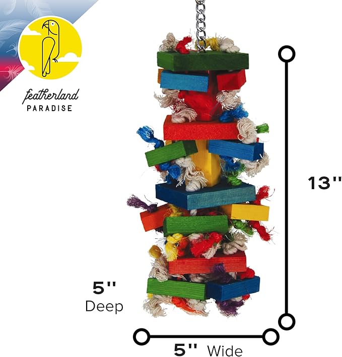 Featherland Paradise Bird Toy for Medium to Large Birds - Knots N Blocks - Parrot Toys for Parakeets, Sun Conures, Caiques, Medium Birds