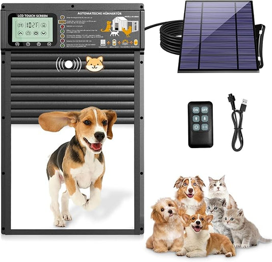 Automatic Pet Door, Dog Door Radar, Timer & Light Sensor Modes, Solar & USB Rechargeable Doggy Door, Durable Aluminum, Weatherproof, 10"×13", 24/7 Operation for Small Pets Up to 45 lb (Black)