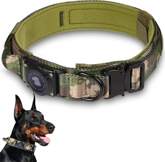 2025 Upgrade Waterproof AirTag Dog Collar, Military Tactical Dog Collar with AirTag Holder, Comfortable Control Handle and Metal Buckle, GPS Dog Collar Holder for Medium to Large Dogs (Camouflage,L)