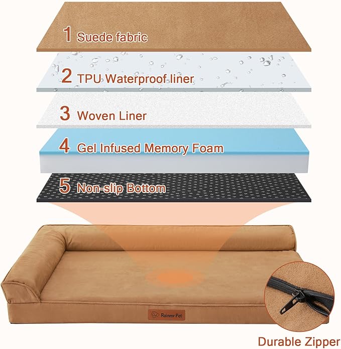 Orthopedic Dog Bed for Large Dogs, 41"x27"x6" Memory Foam Pet Bed with Washable Microsuede Cover, TPU Waterproof Liner & Nonskid Bottom, for Indoor, Outdoor, Crate ＆ Car Use, Khaki