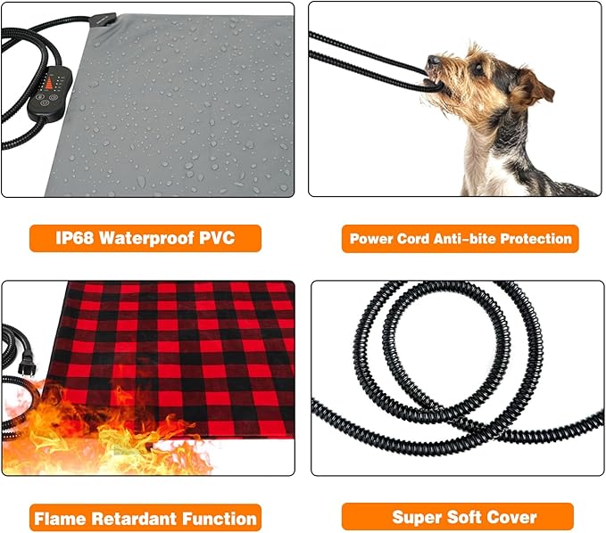 Pet Heating Pad, Adjustable Temperature Heated Dog Bed with Timer, Outdoor Waterproof Heated Pad with Anti-Chew Cord, Overheat Protection Warming Mat for Small and Medium Dogs (M:15.7"x27.6")