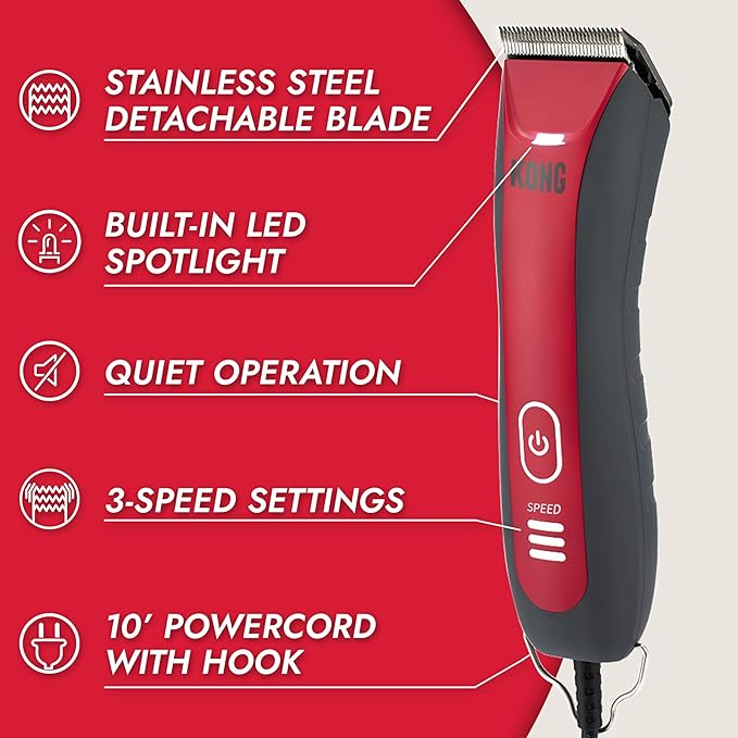 Kong 3-Speed Dog Clipper Grooming Kit – Stainless Steel Blade, Waterproof, LED Spotlight, 6 Guide Combs, 10-Foot Cord, Ergonomic Handle – Red/Gray, All Coat Types