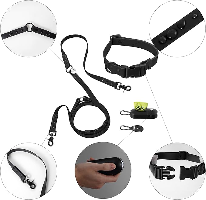 WLK1006I-5SET Luna Large 8FT Adjustable 6-in-1 Waterproof Hands-Free Leash and Collar with LED Flashlight, Bag Dispenser, and Poop Bag Holder, Bitters