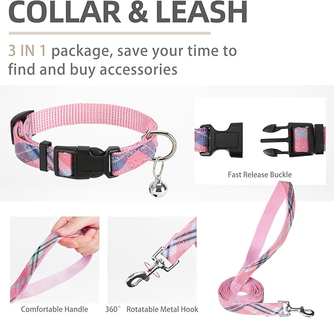 PUPTECK Adjustable Dog Harness Collar and Leash Set Step in No Pull Pet Harness for Small Medium Dogs Puppy and Cats Outdoor Walking Running, Soft Mesh Padded Reflective Vest Harnesses, Pink L