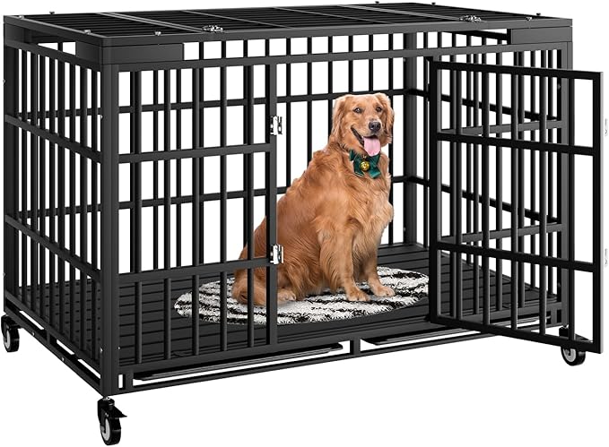 54 Inch Heavy Duty Dog Crate with Wheels,Indestructible Escape-Proof Dog Kennel with Locking Latch and Double Door,Extra Large XL XXL Crate Indoor for Large and Medium Dog with Removable Tray