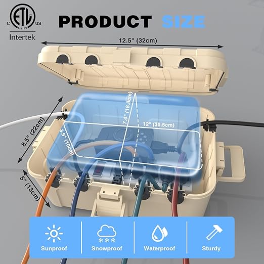 Flemoon Outdoor Electrical Box Waterproof, IP54 Waterproof Extension Cord Cover, Protect Outlet, Plug, Socket, Timer, Power Strip, Holiday Light, Large Weatherproof Connection Box, Almond