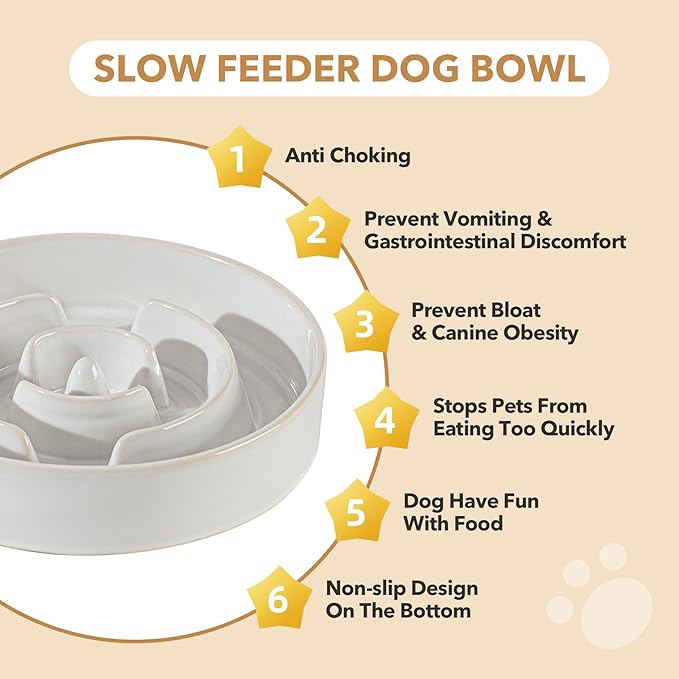 Ceramic 3.2 Cup Raised Slow Feeder Dog Bowl Set, Elevated Acacia Wood Stand for Large Dog, 9.5inch Slow Dish, Preventing Choking(Single Bowl+ Stand, Reactived Glaze -White)