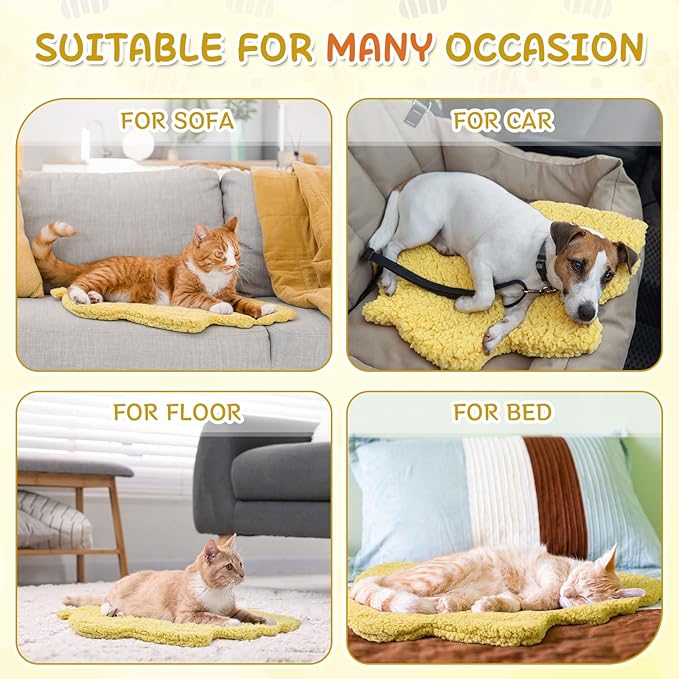 3 Pack Self Warming Cat Dog Bed Leaf Shape Self Heating Pet Mat Non Electric Washable Thermal Sleeping Pad Plush Heated Pet Mat for Crate Floor Indoor Outdoor(Light Yellow,Small-16 x20)