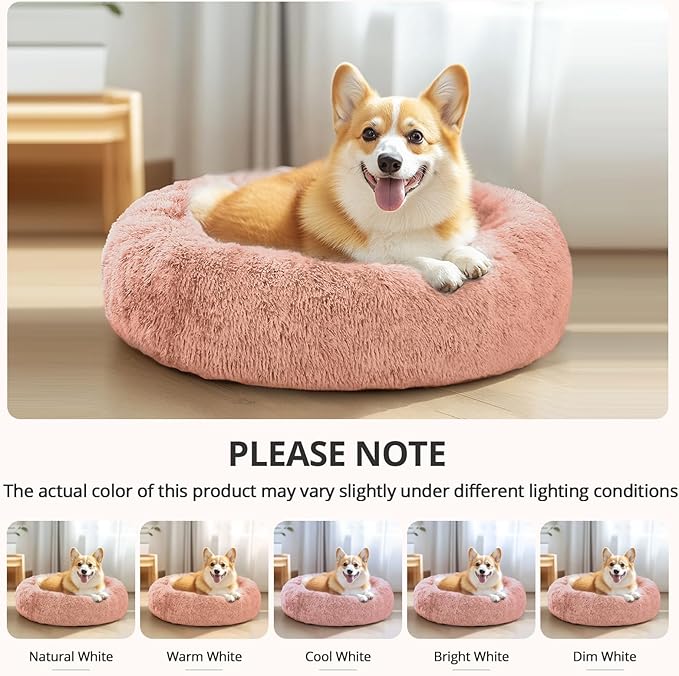 JOLLYVOGUE Calming Small Dog & Cat Bed for Indoor Cats - 20 inches Washable Donut Bed for Kittens & Puppies, Anti-Anxiety Round Fluffy Plush Pet Beds (Fits up to 15 lbs, Peach Pink)