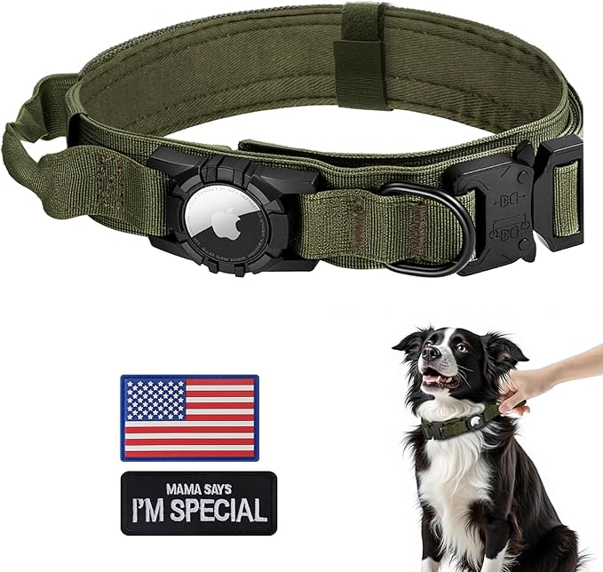 Tactical AirTag Dog Collar - Heavy Duty, Adjustable GPS Collar Compatible with Apple AirTag, with Holder & Control Handle for Medium/Large Dogs [ Green, XL ]